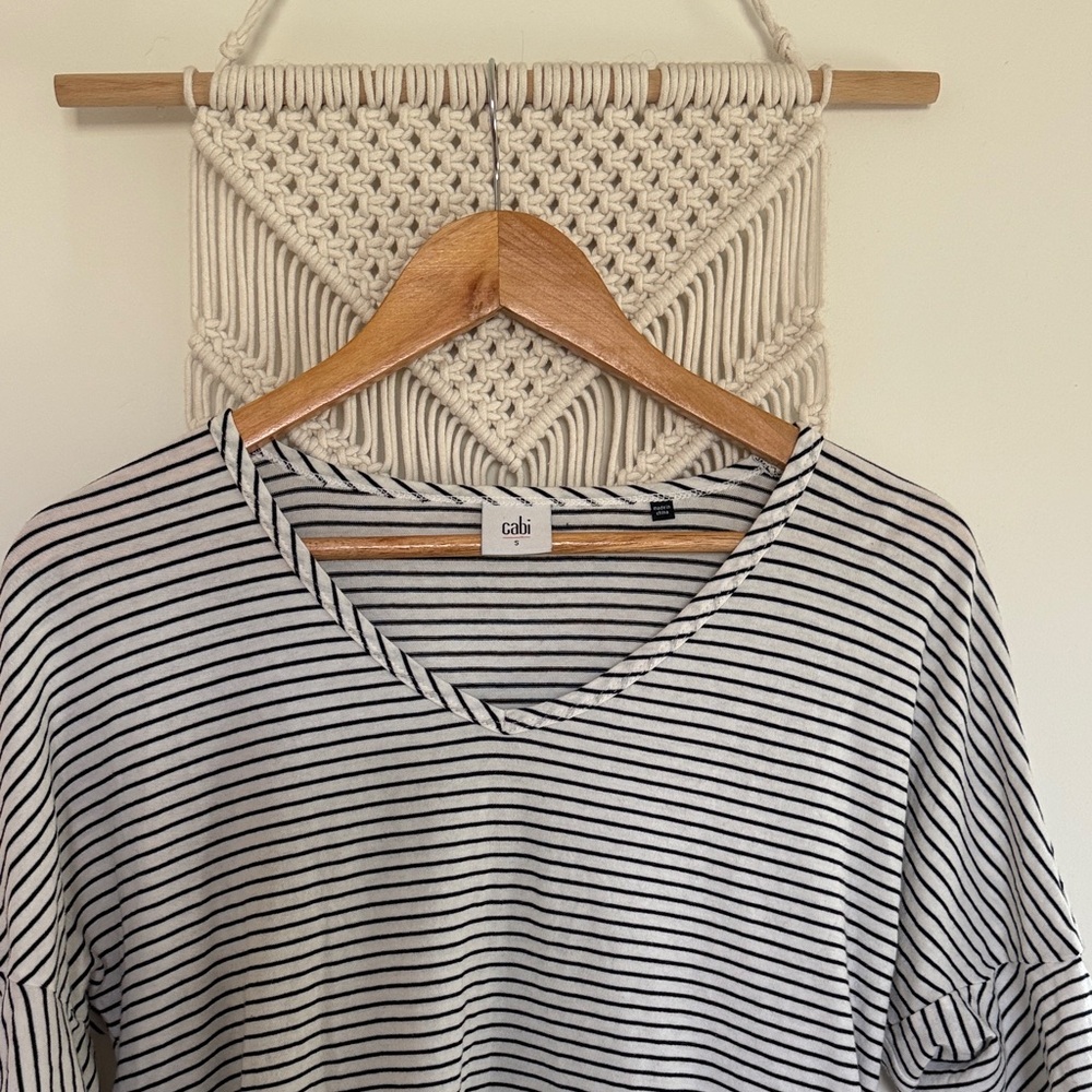CAbi Black and White Striped V-Neck Long Sleeve Top